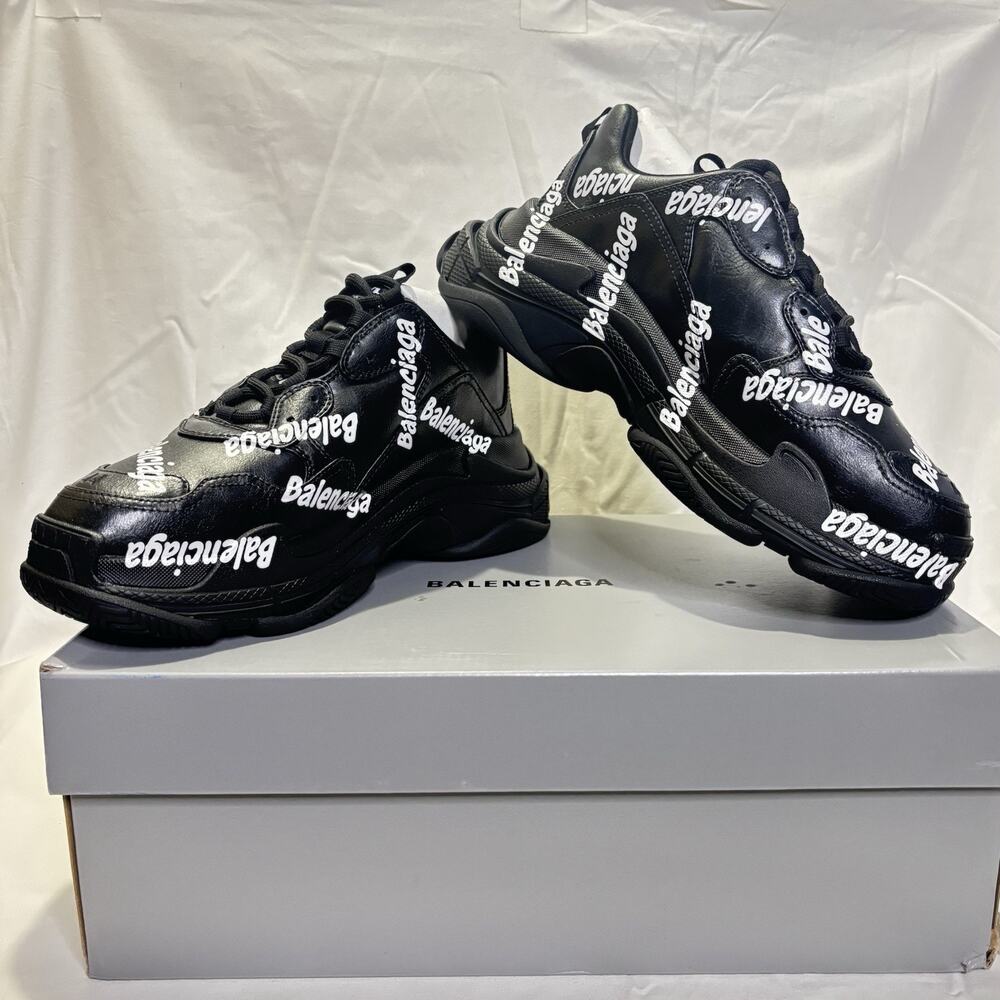 BALENCIAGA Triple S All Over Logo Men’s Sneakers Black Sz 44 US 11